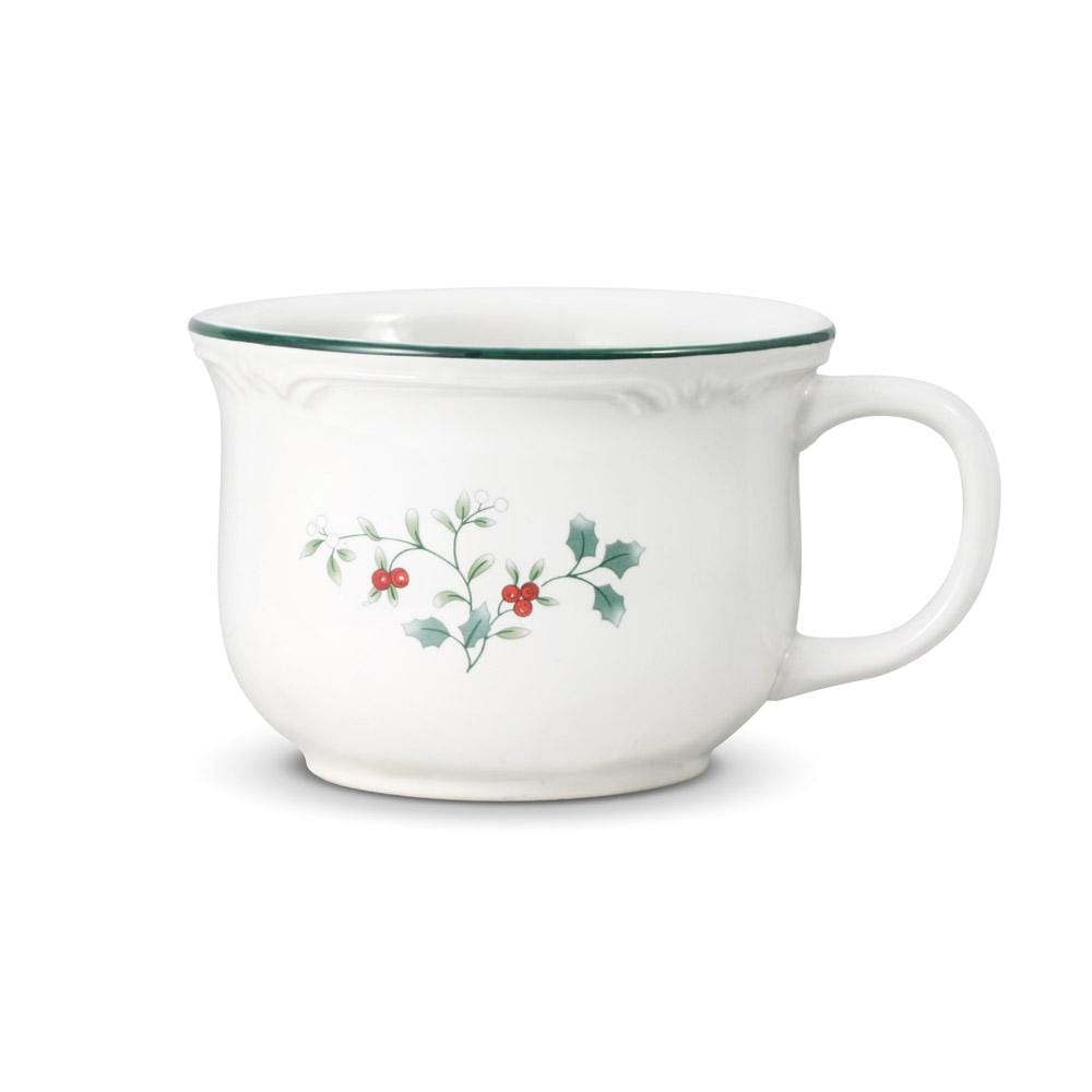 White Winterberry Jumbo Soup Mug with green rim and holly sprig decoration