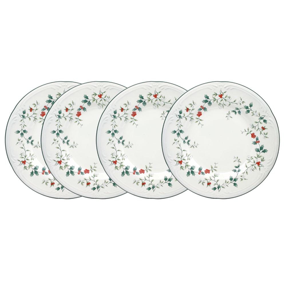 Winterberry Set of 4 luncheon plates with holly border shown against a white background