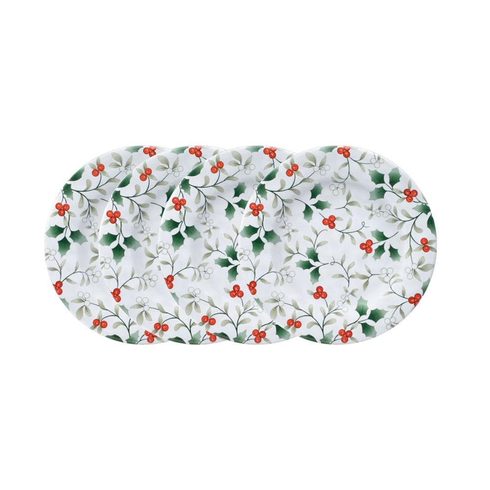 Winterberry melamine salad plates four oval plates with holly pattern shown in a row