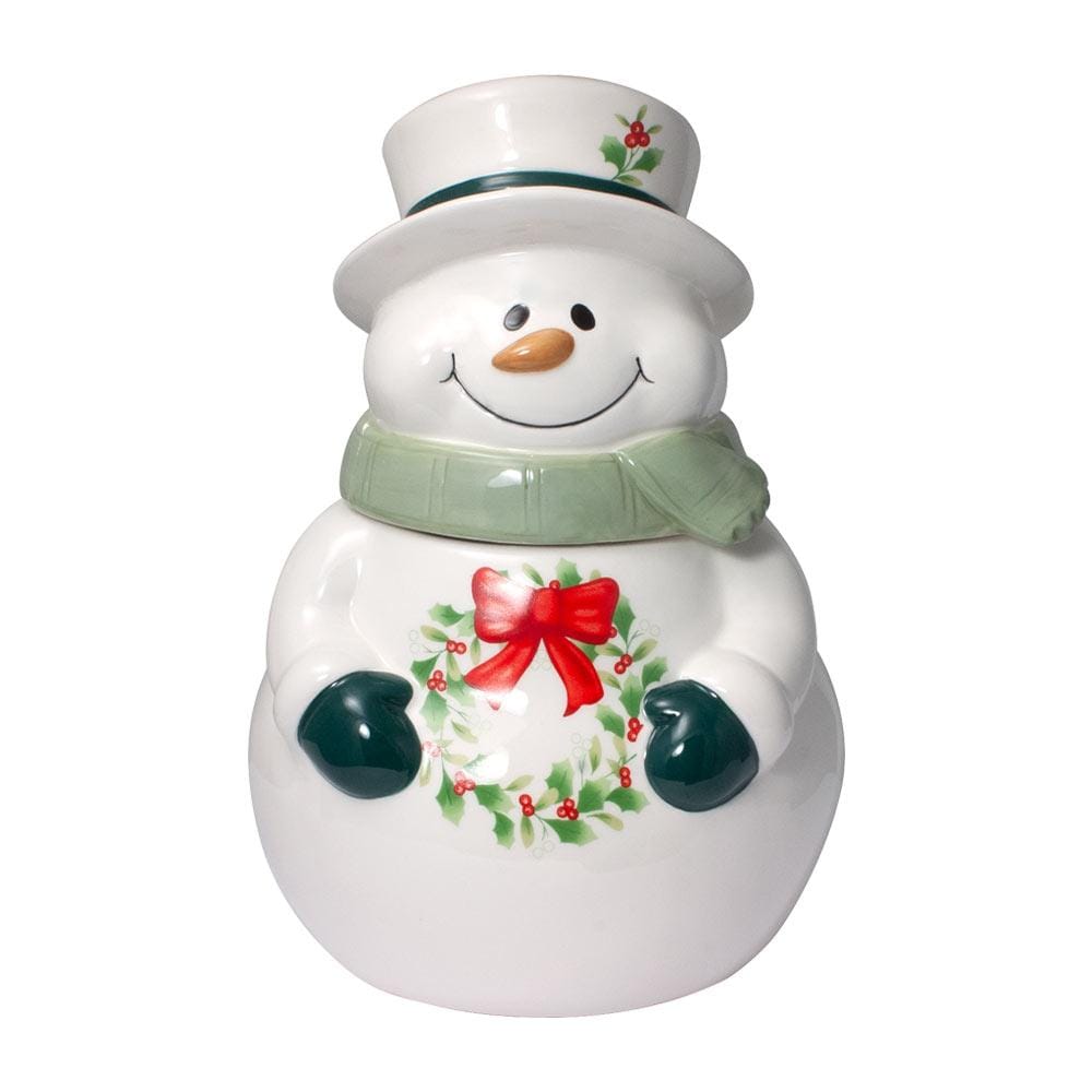 Snowman cookie jar featuring a holly decorated hat, wreath on belly, and green scarf and gloves.