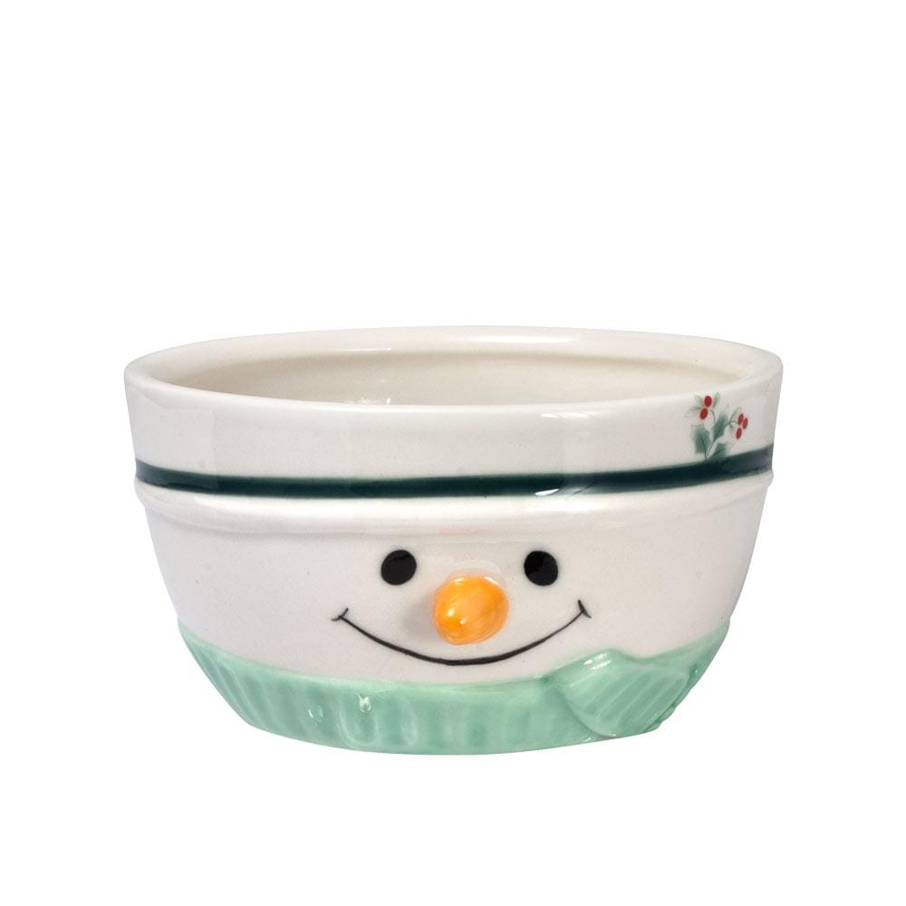 Winterberry Snowman Sculpted Bowl close-up with a smiling face orange carrot nose and mint green base