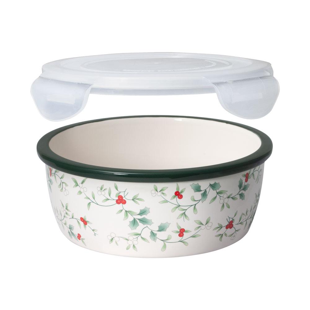 Winterberry storage bowl with lid white ceramic bowl with green rim and holly pattern and a clear lid