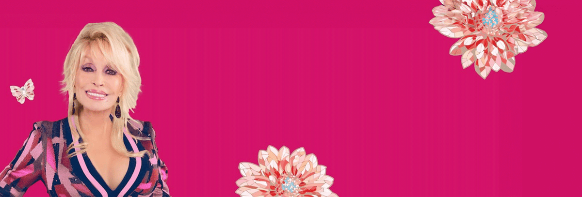 Dolly Parton in a colorful patterned outfit against a bright pink background with large floral motifs and a butterfly.