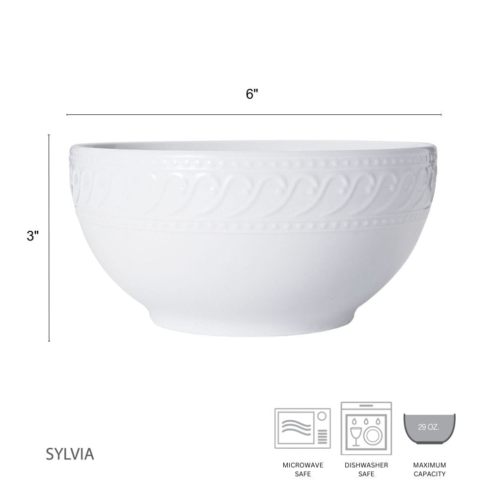 Sylvia white bowl with six inch diameter and three inch height featuring decorative beading and a small footed base