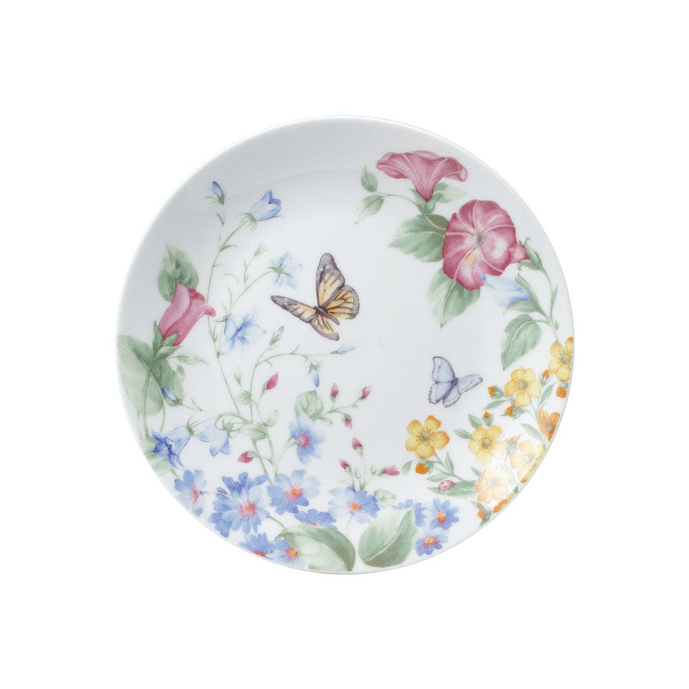 Annabelle plate with a colorful butterfly and garden flower border along the rim.