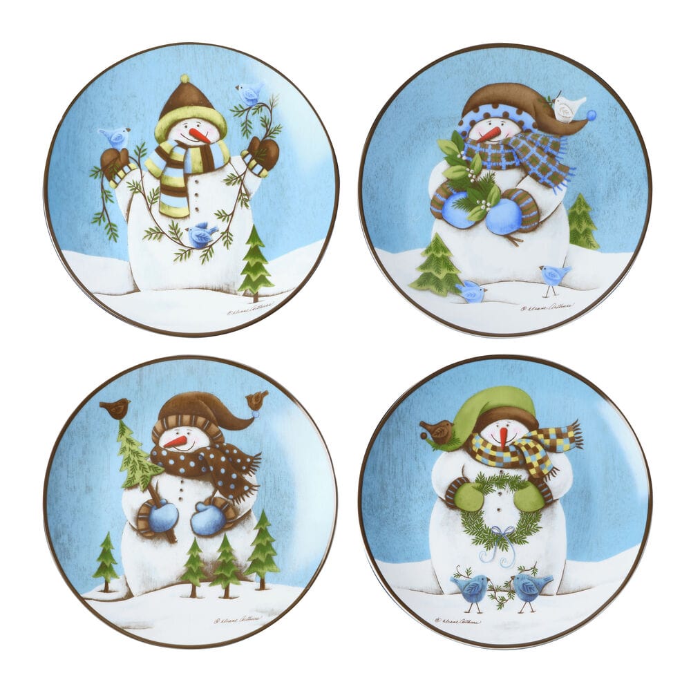 Four round snowman plates with blue backgrounds arranged in a grid