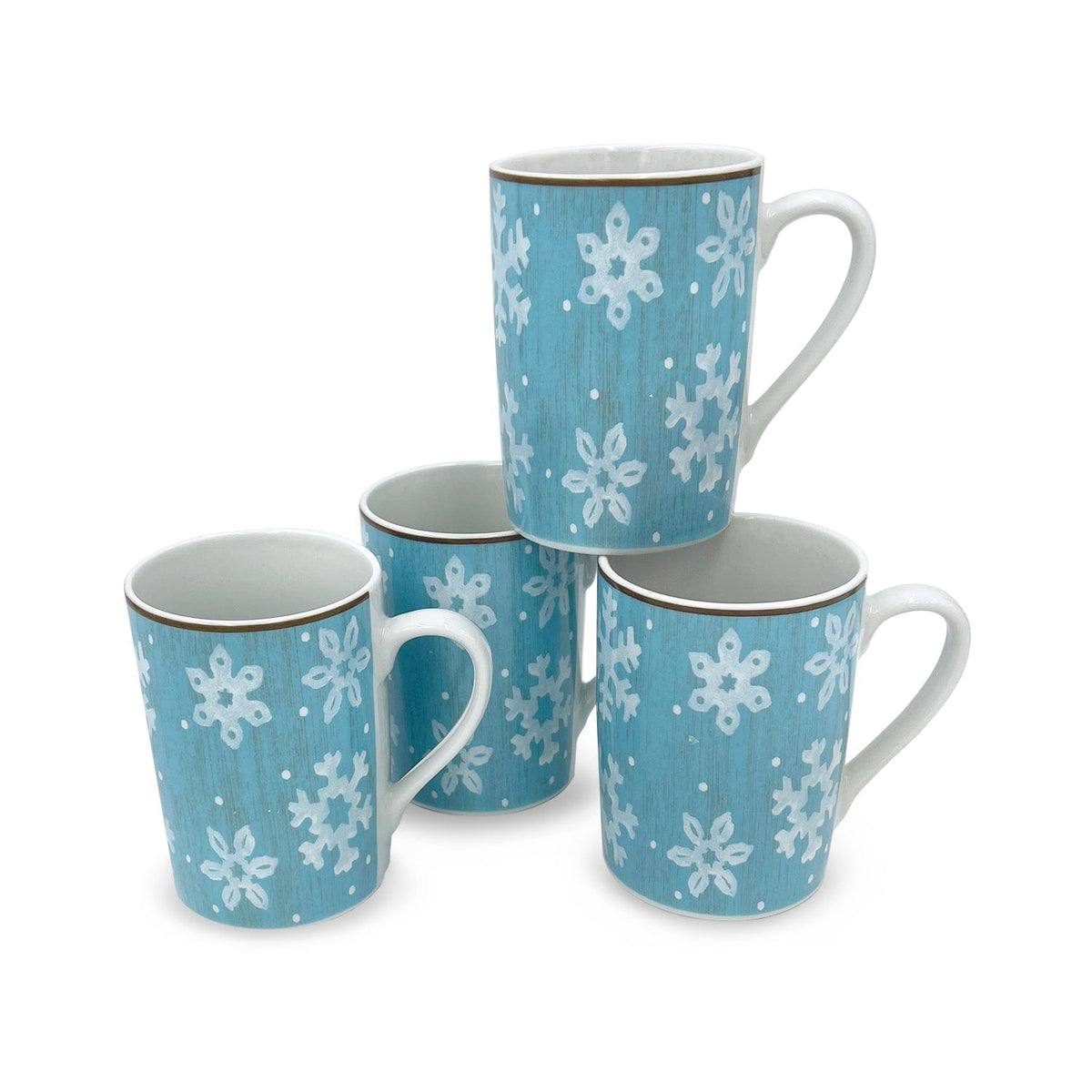 Tall teal mug with white snowflakes and a brown rim