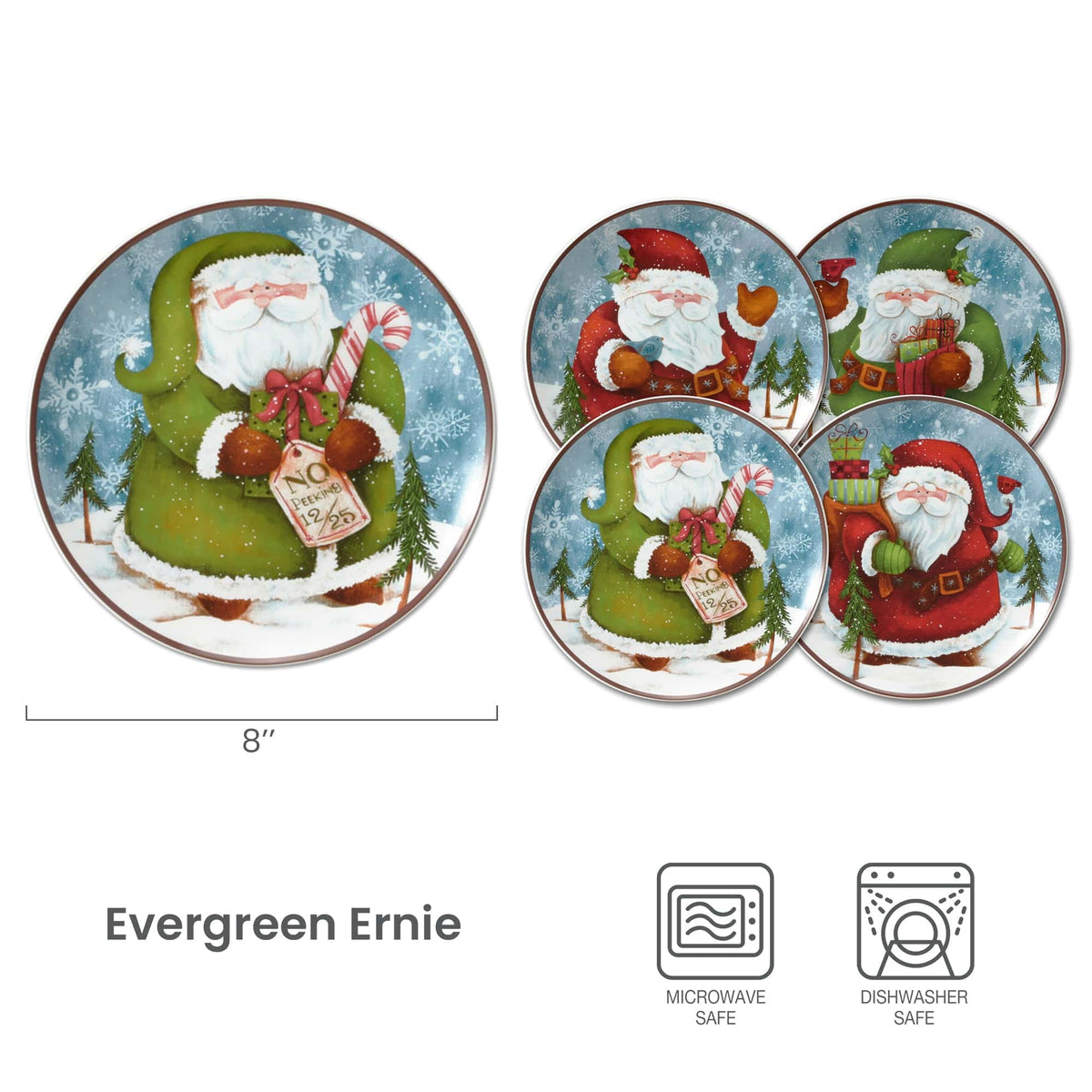 Evergreen Ernie set of four round Santa salad plates featuring Santa with gifts against a snowy blue background