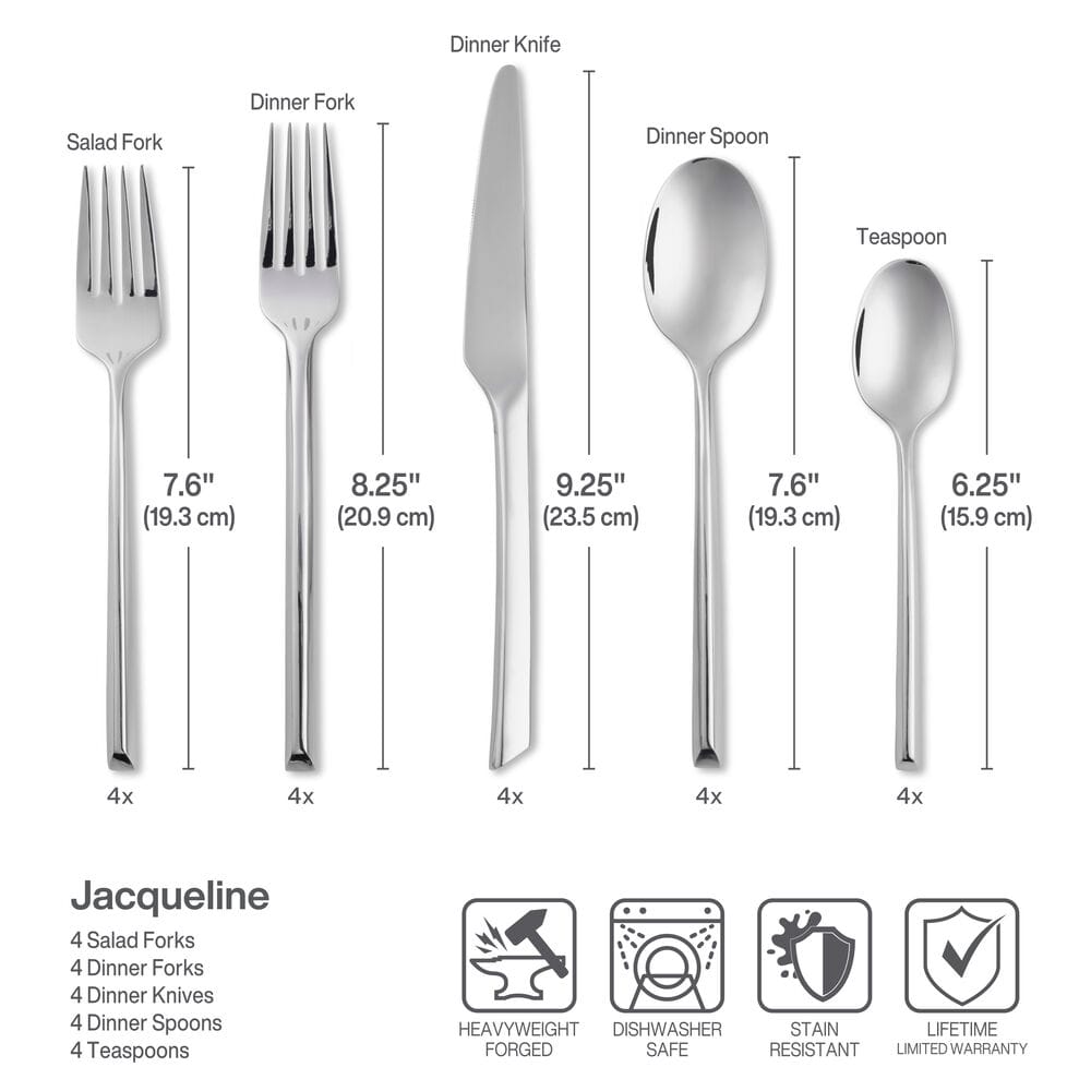 Jacqueline forged flatware set for four with salad fork, dinner fork, dinner knife, dinner spoon and teaspoon