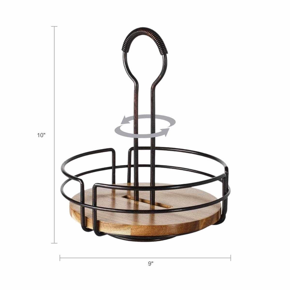 Detail of Hanover rotating condiment caddy featuring a circular wire rack and curved metal posts