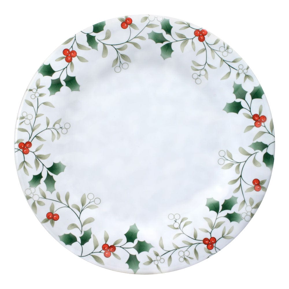 Winterberry melamine dinner plate with holly leaves and red berries around the rim.