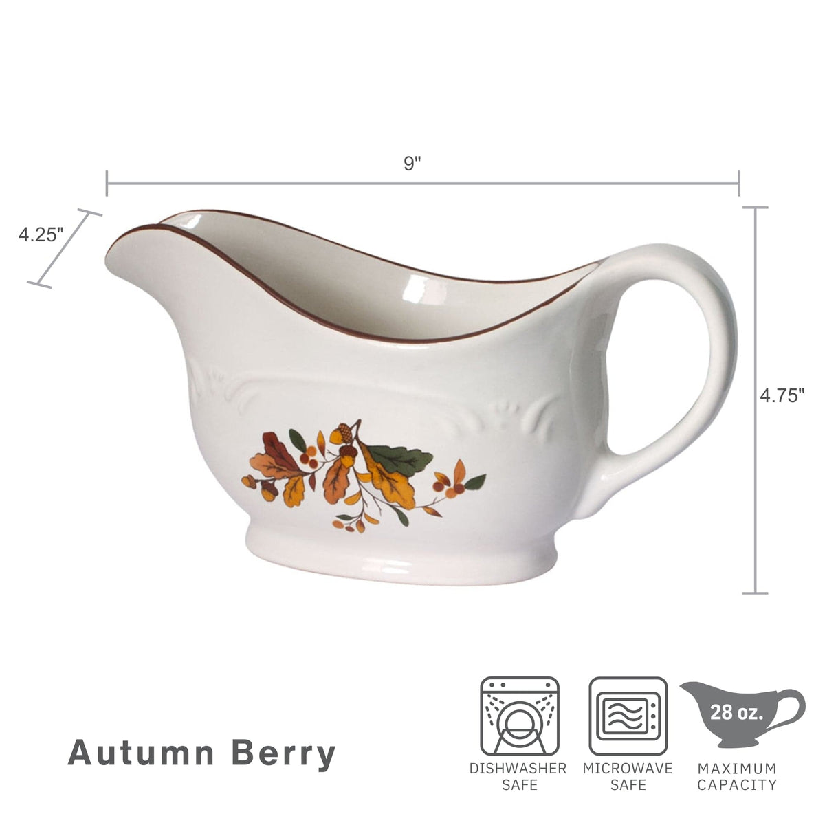 Autumn Berry gravy boat with 9 inch length markings and care icons