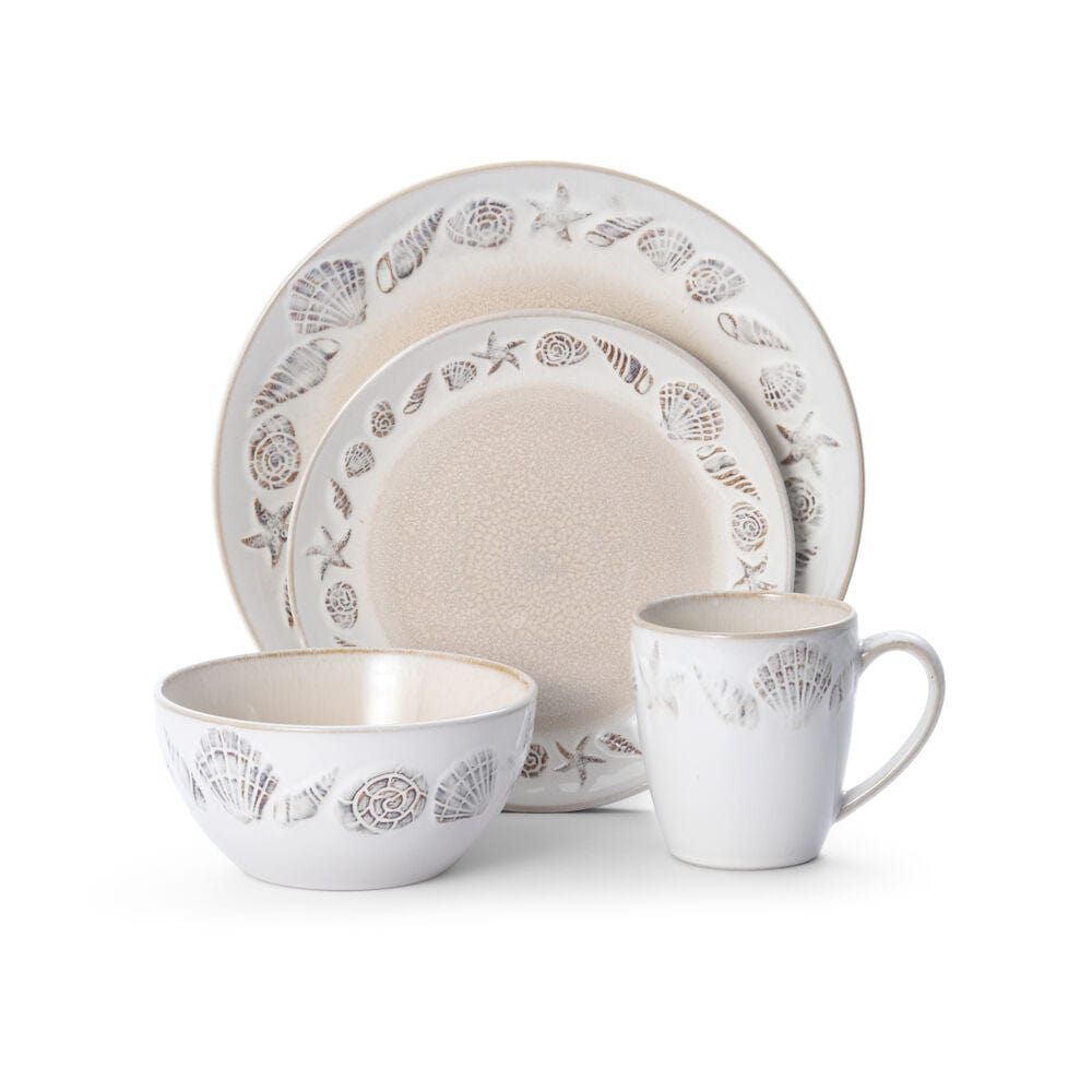 Seashell pattern Panama dinnerware set featuring a large plate a bowl and a mug.