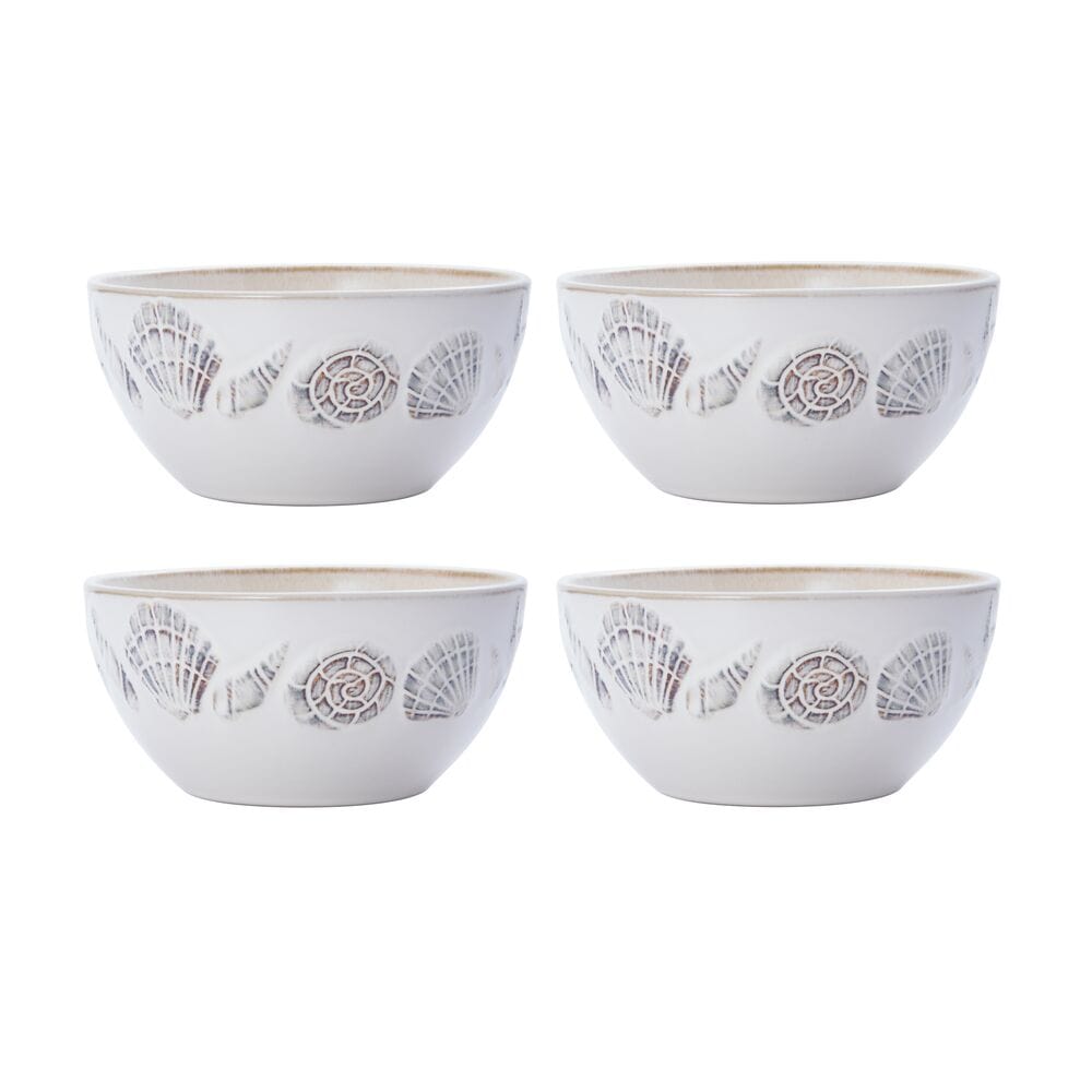 Four white ceramic bowls with beige interior and a seashell motif around the sides.