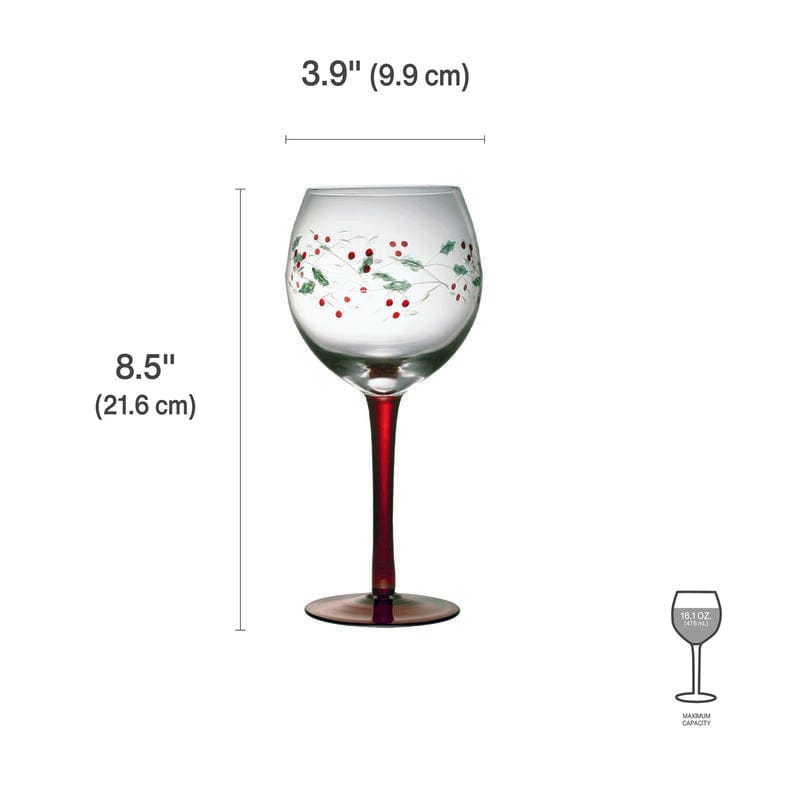 Winterberry hand painted wine goblet with red stem and holly berry motif.