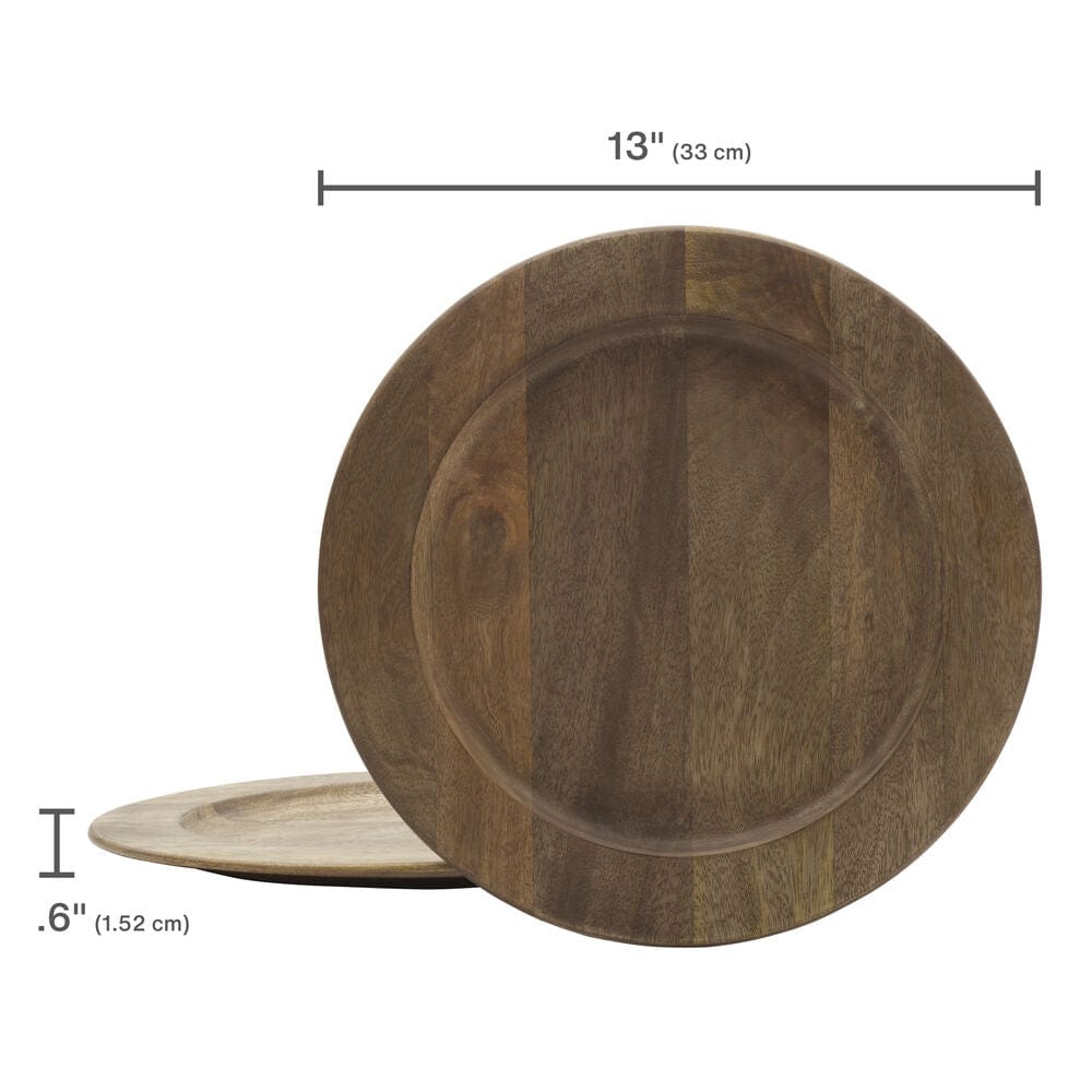 Mango wood charger plate 13 inches in diameter with a 0.6 inch thickness and natural wood grain.