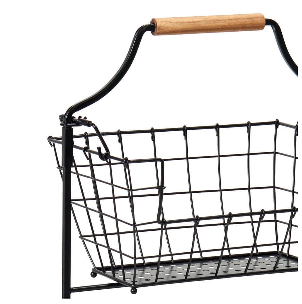 Laguna 4 tier adjustable standing storage rack close up showing the curved black frame and wooden handle above a wire basket.