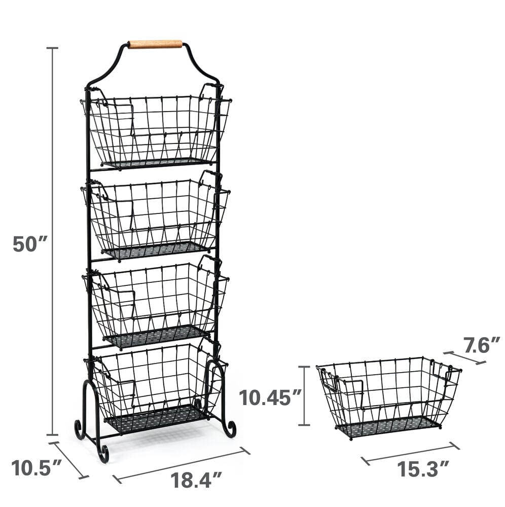Laguna four tier adjustable standing storage rack in black metal with wire baskets, wooden top handle, and wheels