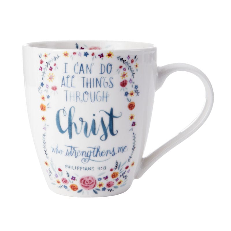White ceramic mug with floral border and the verse I can do all things through Christ