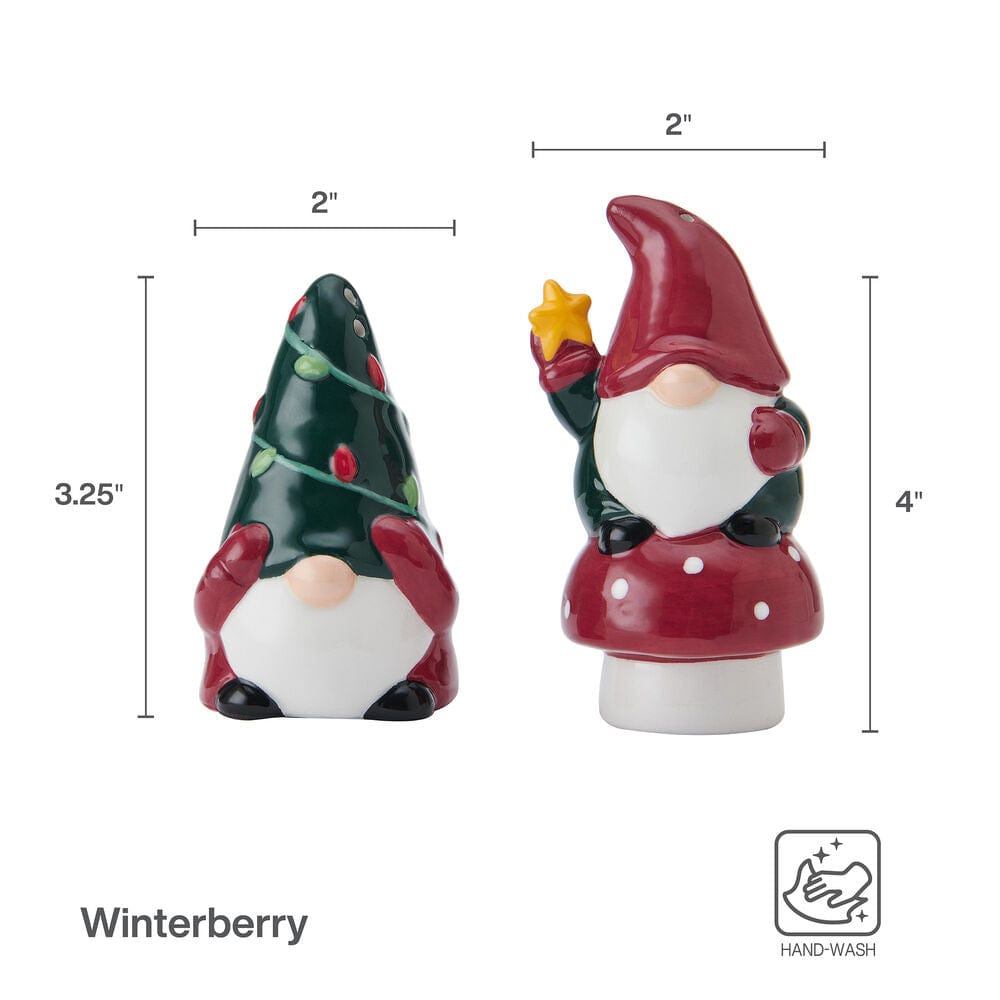 Winterberry salt and pepper set showing a tree gnome on the left and a gnome holding a star on a mushroom base on the right