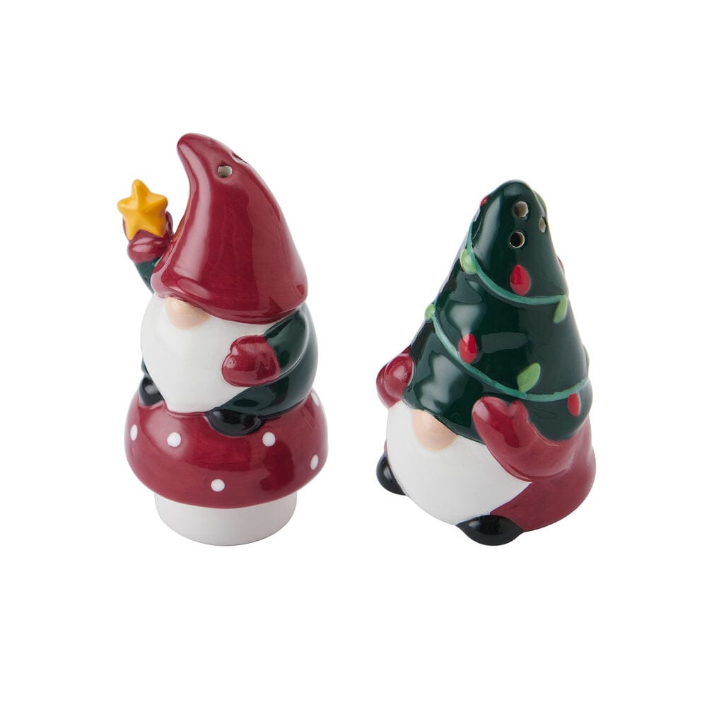 Winterberry gnome salt and pepper set featuring two ceramic gnomes in red hats and white beards.