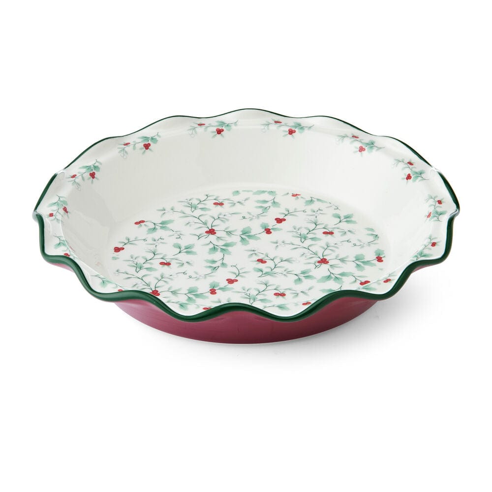 Winterberry Pie Plate interior view showing holly berry pattern and scalloped green rim.