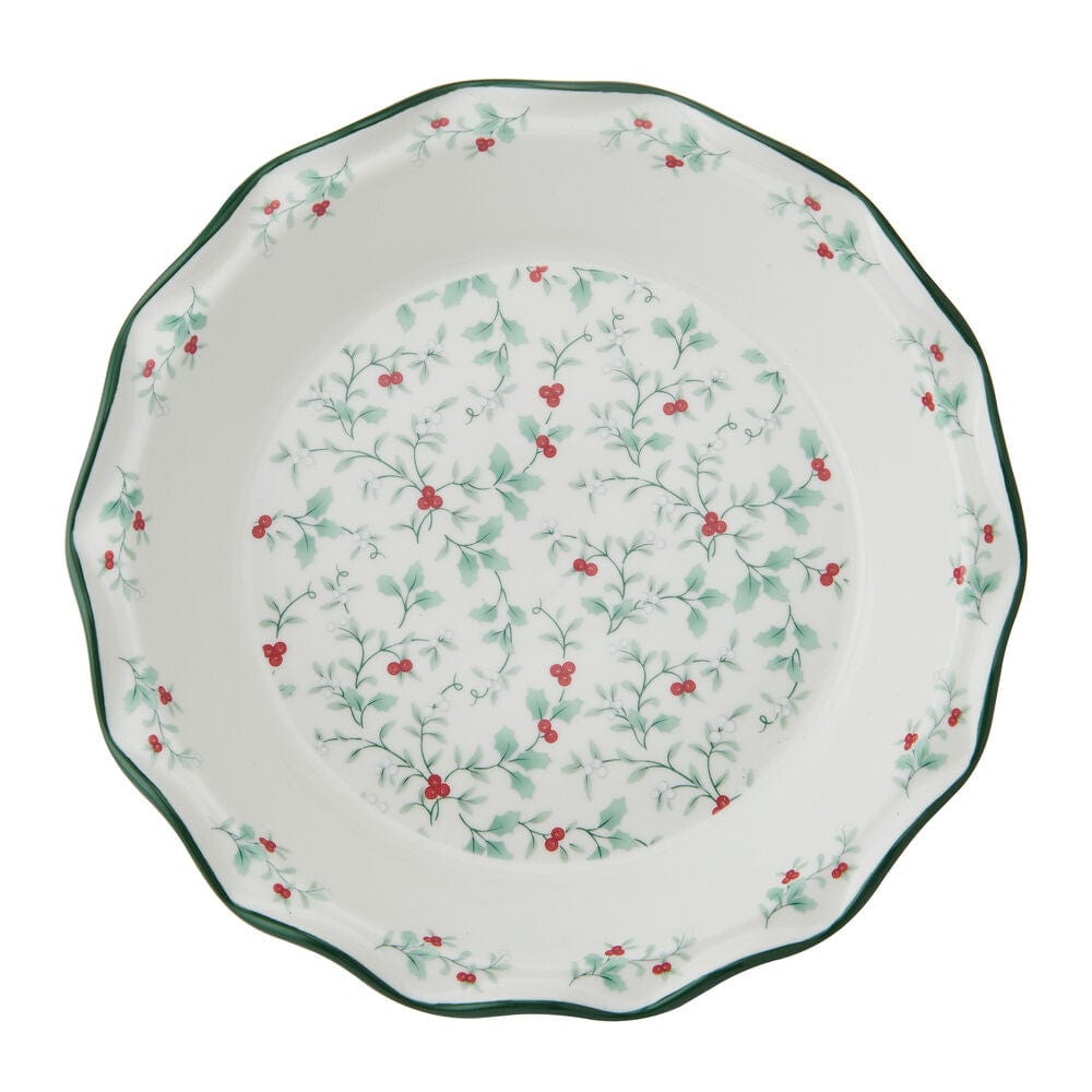 Winterberry Pie Plate seen from above with holly leaf pattern and scalloped green rim.