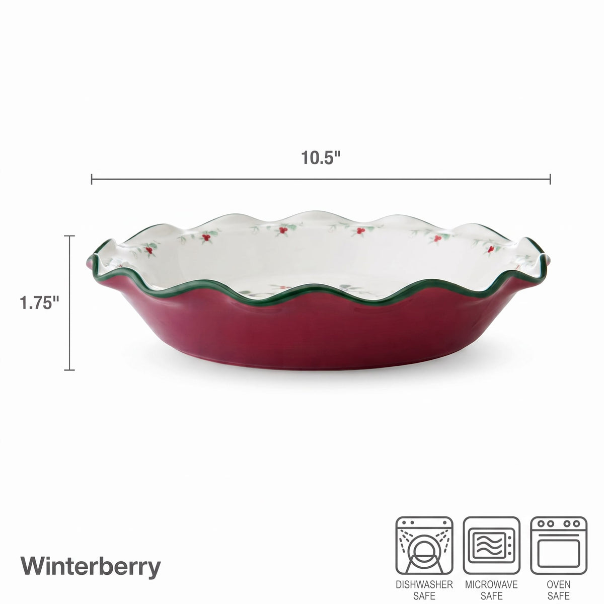 Winterberry pie plate with a red exterior white interior with holly pattern and a ruffled edge.