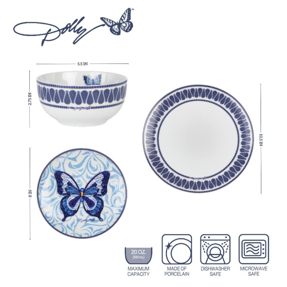 Dolly Parton Mosaic Blue Butterfly 12 Piece Dinnerware Set Service for 4