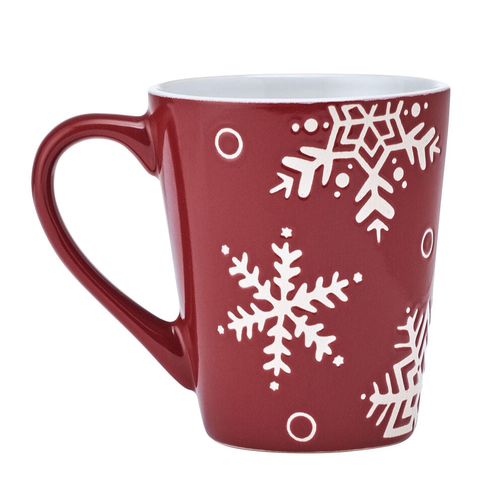 Snow Flurry red mug with white snowflake pattern from a set of four mugs
