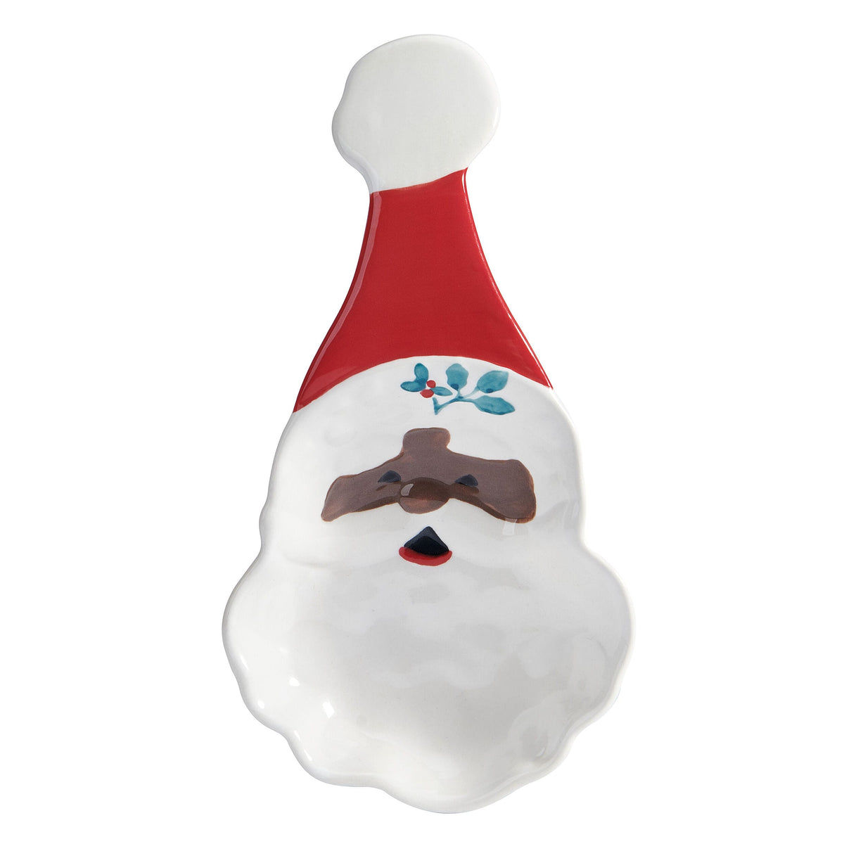 Close-up of the Santa spoon rest head with white face and red collar against a white background.