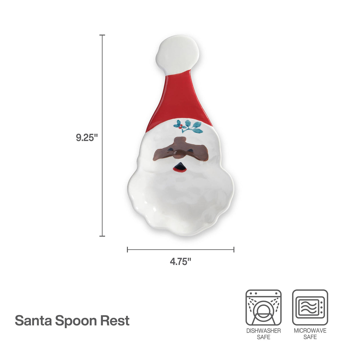 Front view of the Winterberry Jolly Santa spoon rest showing red neck, white body, and blue floral accents.
