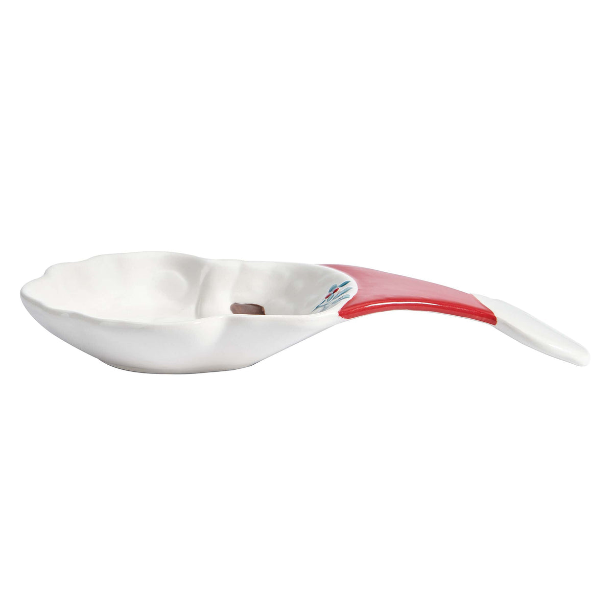 Top view of a Winterberry Jolly Santa spoon rest showing the white head and red body against a light background.