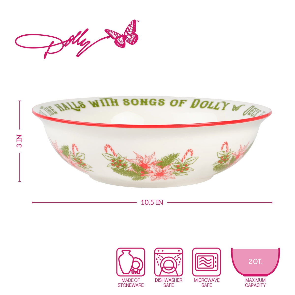 Dolly Parton Deck the Halls Serve Bowl with holiday motif and measurement icons showing stoneware dishwasher microwave safe and 2 quart capacity