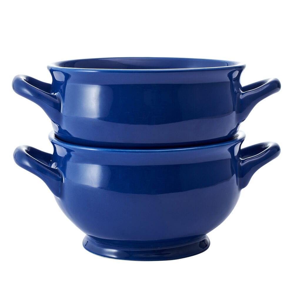Stacked cobalt blue double-handle chowder bowls with side handles visible.