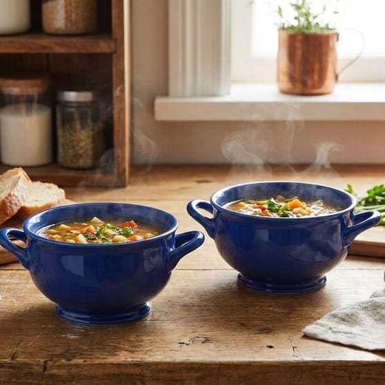 Set of two cobalt blue double-handle chowder bowls on a rustic wooden table.