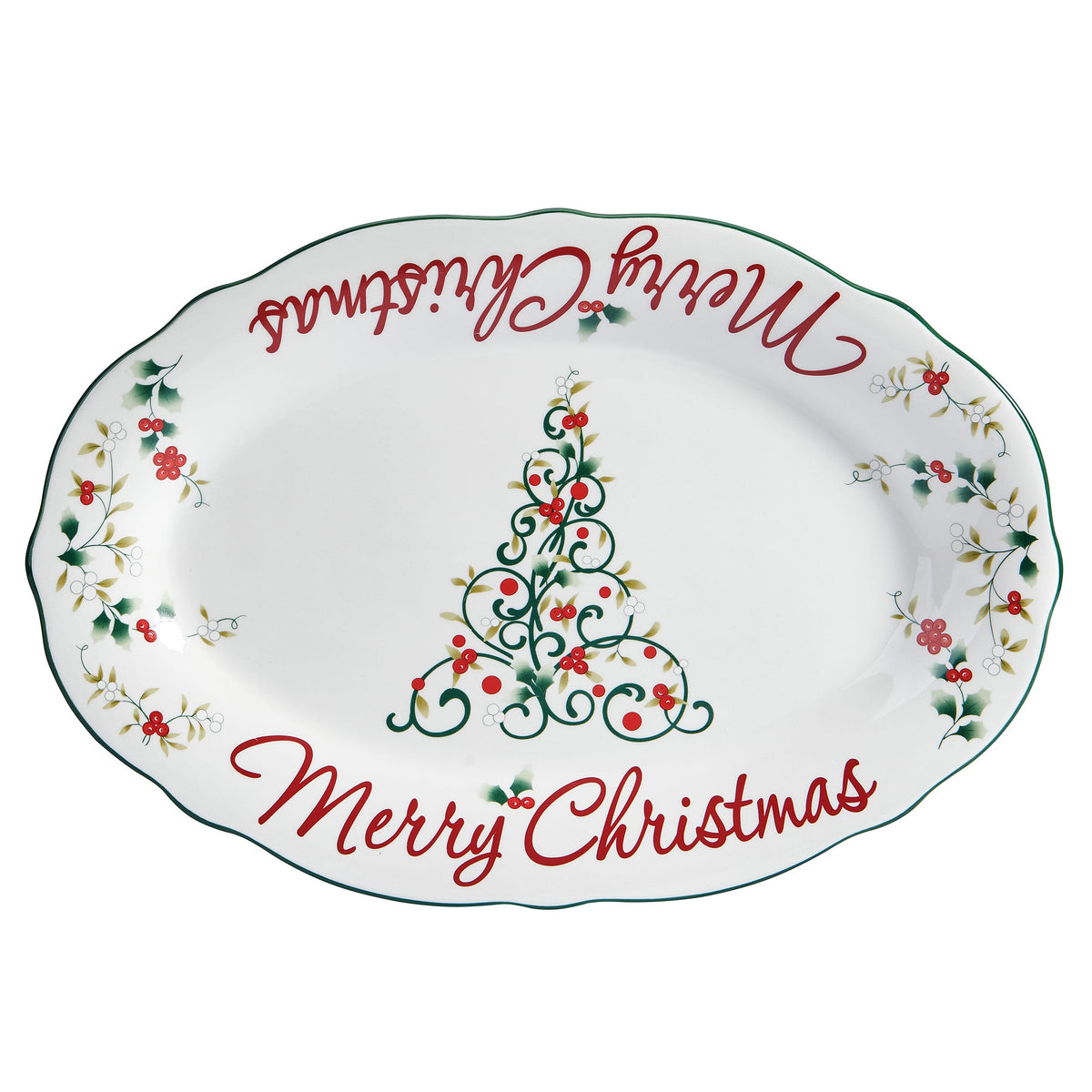 Winterberry Merry Christmas platter with green rim holly accents and red Merry Christmas script along the edge