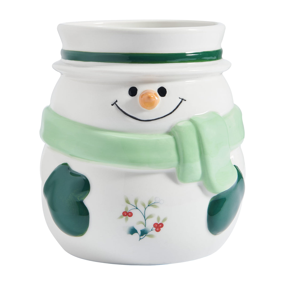 Winterberry Snowman Utensil Gadget Crock close up showing white ceramic snowman with a green scarf