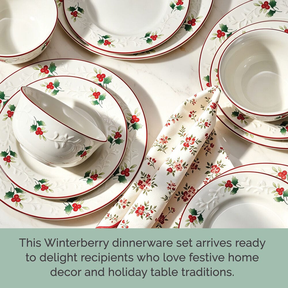 Winterberry Charm 12 piece dinnerware set for four with holly motif on white dishes