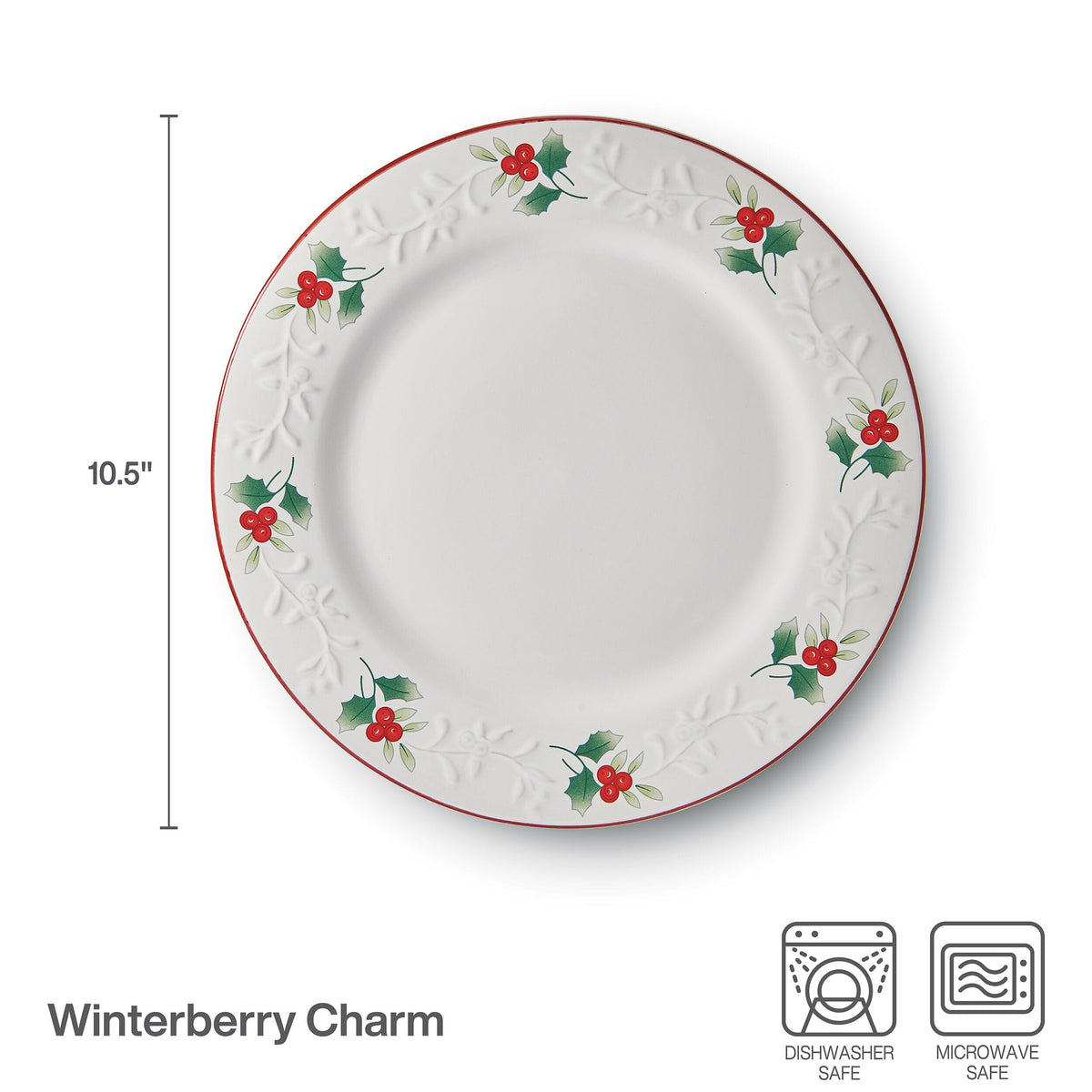 Winterberry Charm dinner plate edge features holly berry motif and red rim