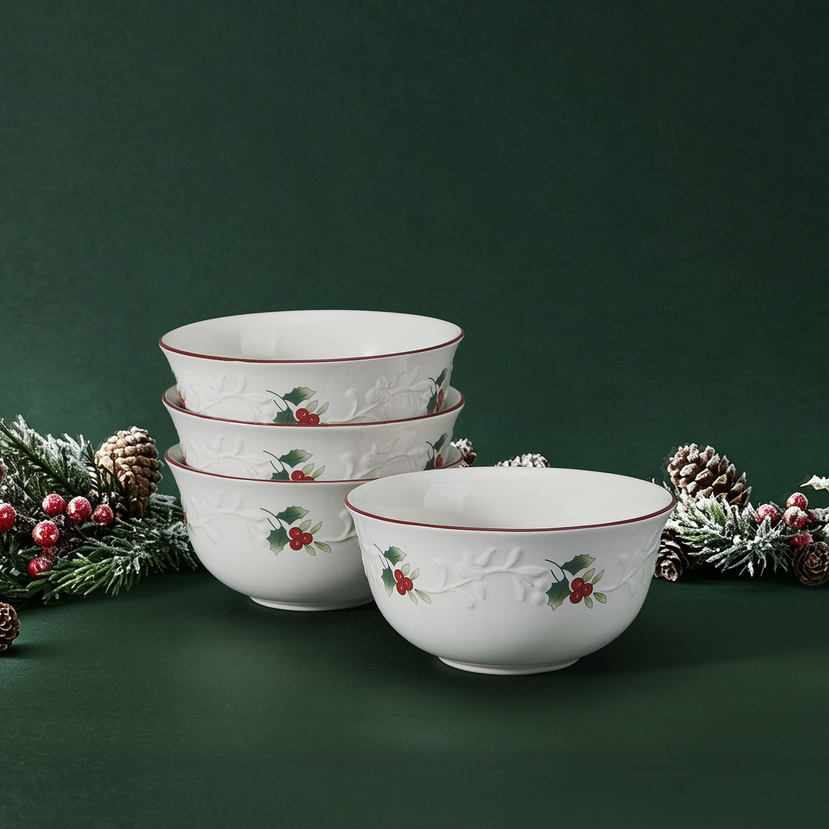 Winterberry Charm soup cereal bowls set of four white bowls with holly pattern and red rims, stacked