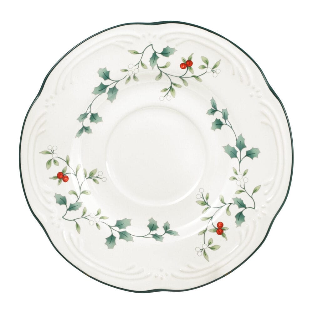 Top view of Winterberry plate with holly vine borders and green trim.