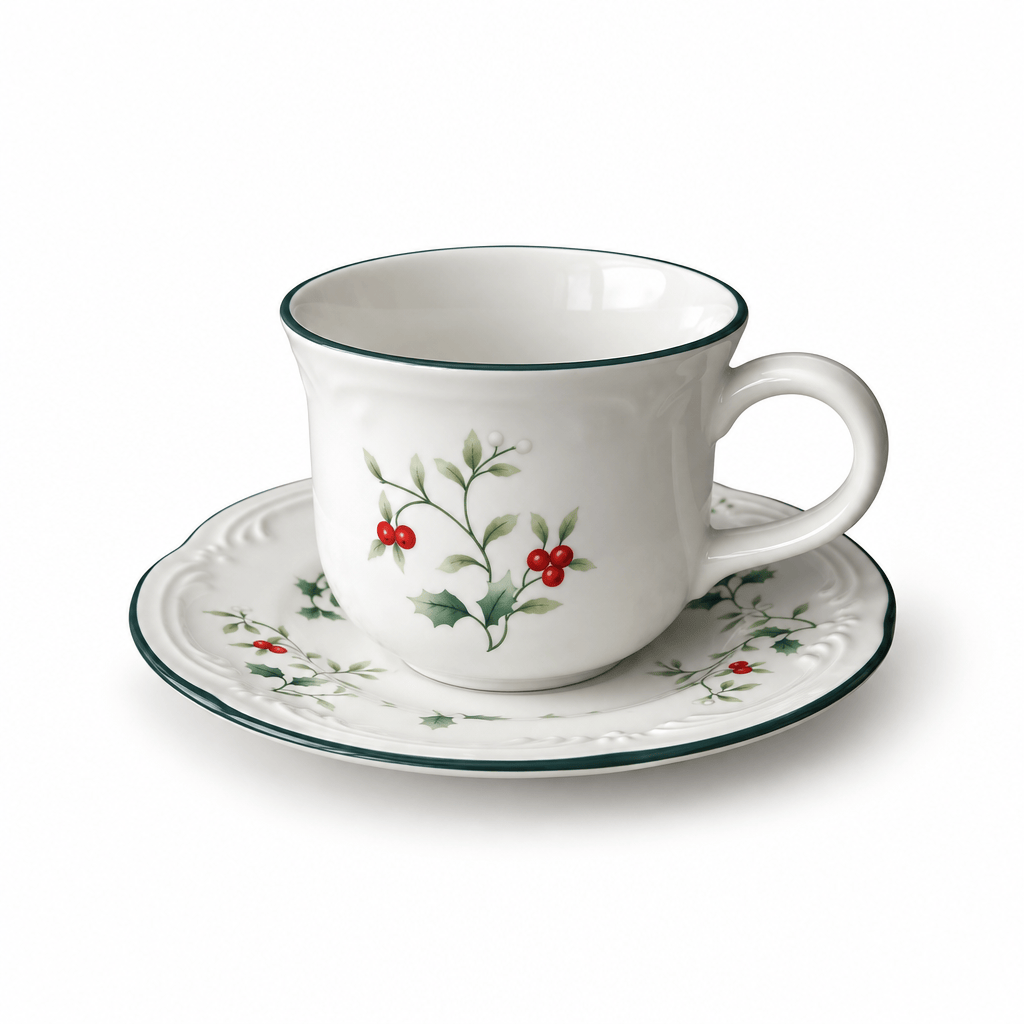 Winterberry tea cup and saucer on a white background with green rim and holly motif