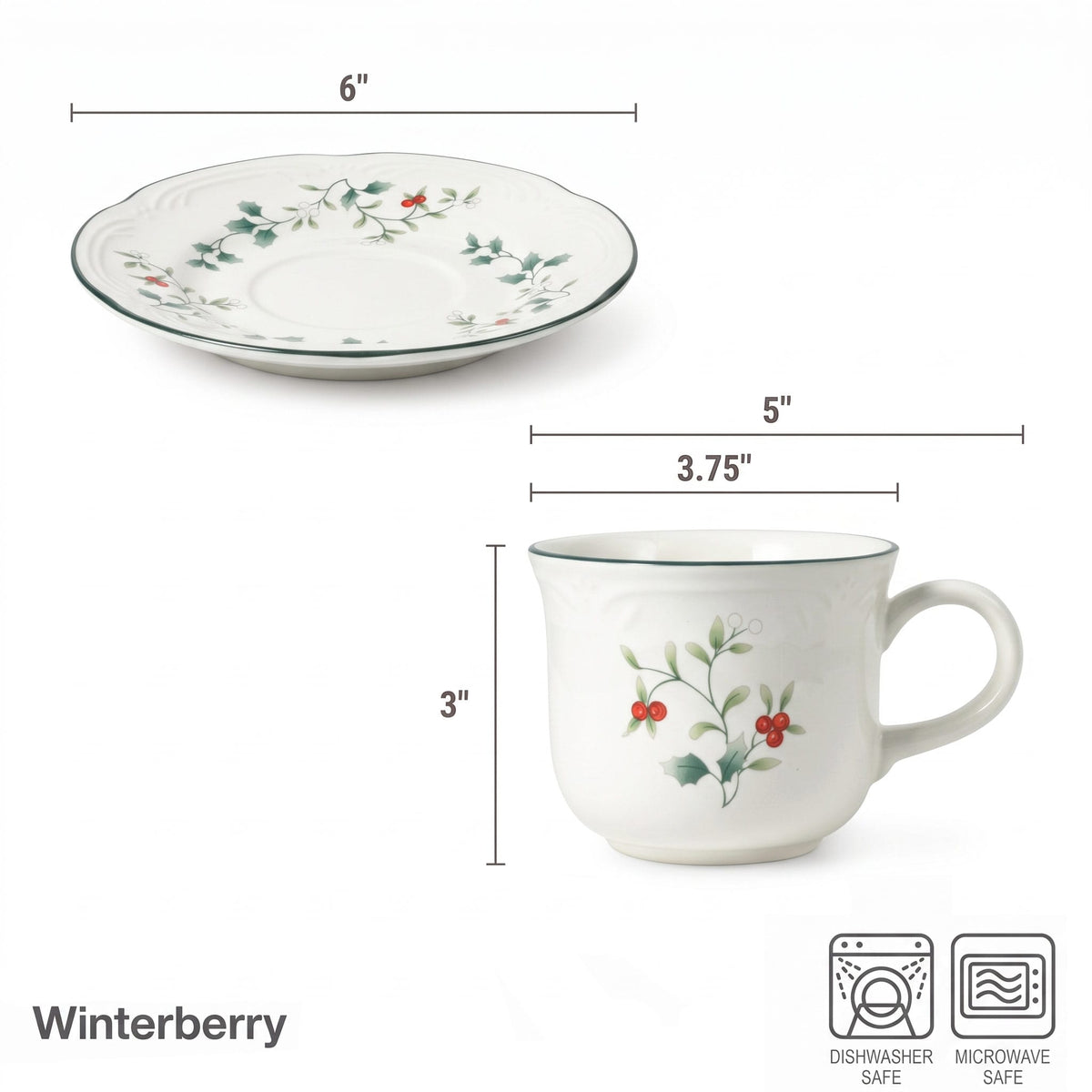 Side view of Winterberry porcelain cup featuring holly leaves and red berries