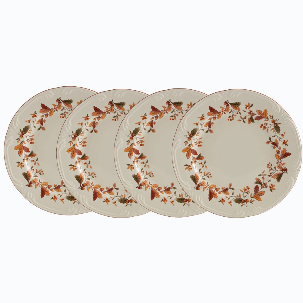 Set of four cream Autumn Berry salad plates with a repeating orange brown leaf border.
