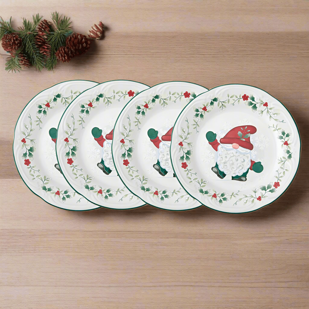 Winterberry gnome salad plates set of four fanned on a wooden table with pinecones in the corner