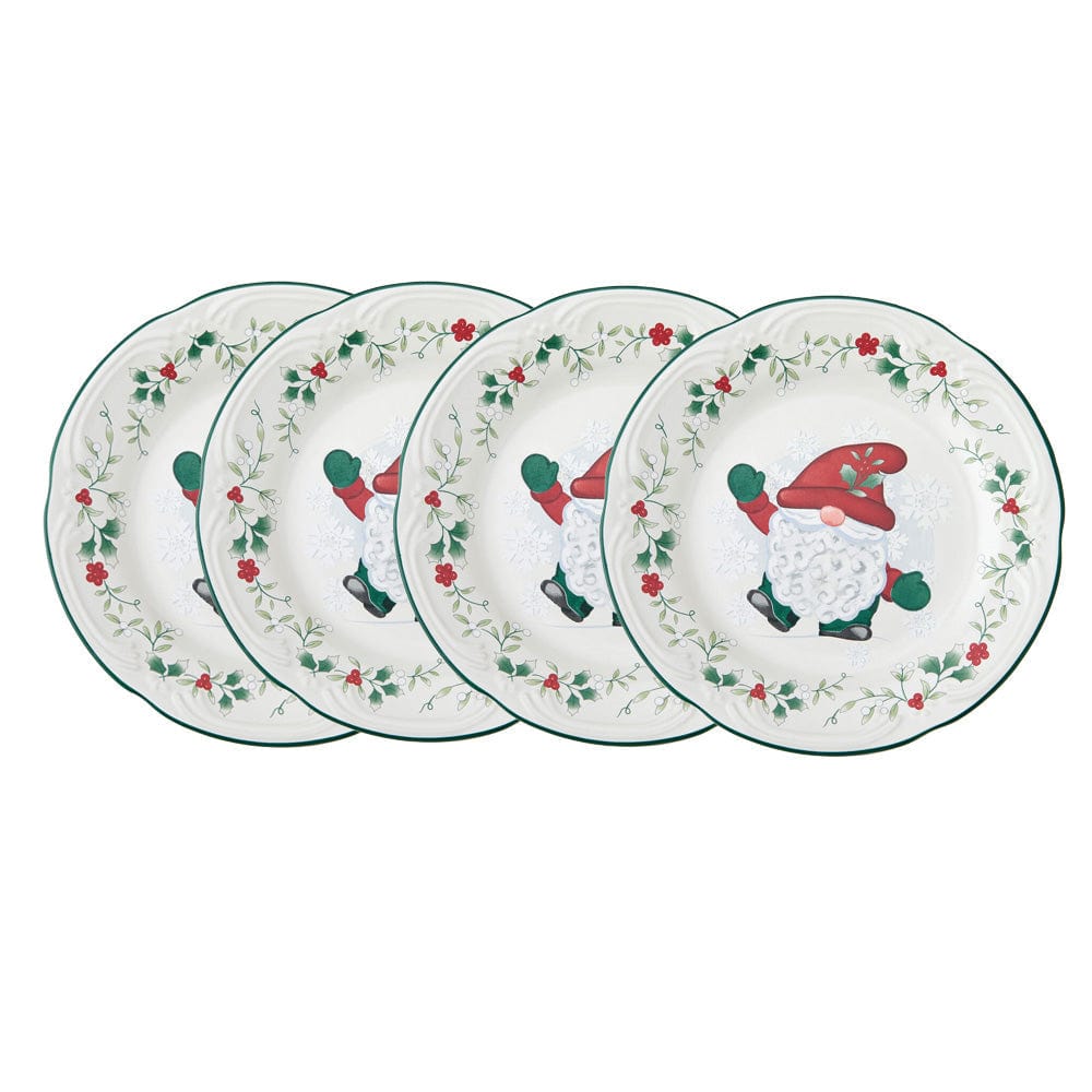 Winterberry gnome salad plates set of four with holly border against a white background