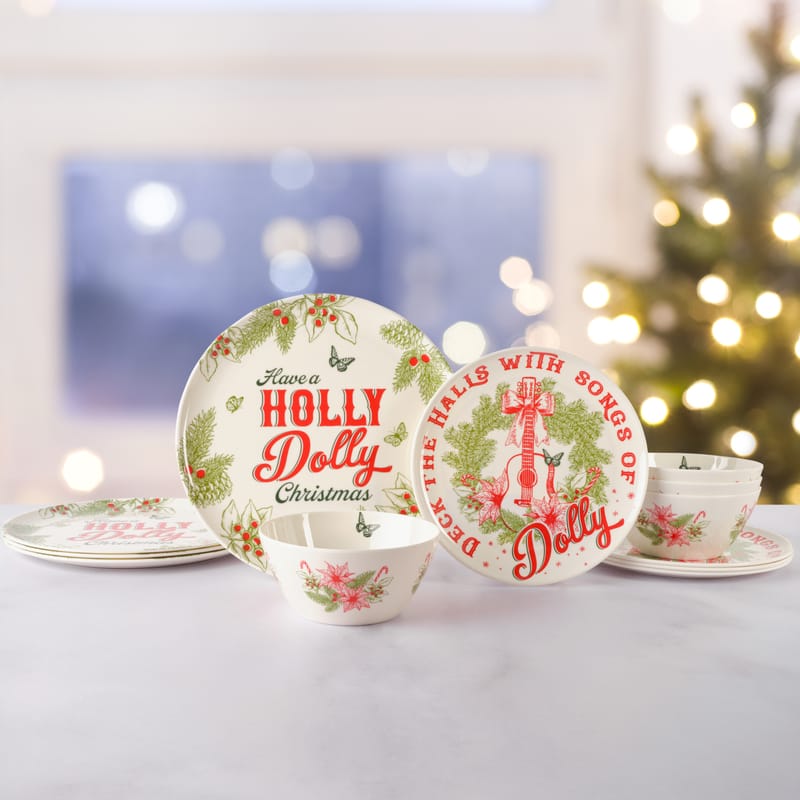 Dolly Parton Holly Dolly Melamine Dinnerware Set, Service for 4