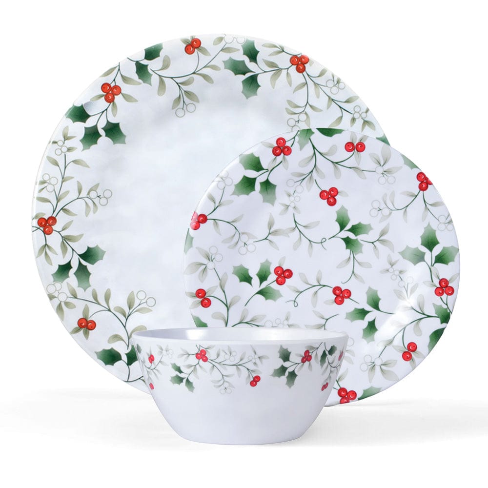 Winterberry melamine dinnerware close up showing a large plate a smaller plate and a bowl with holly pattern