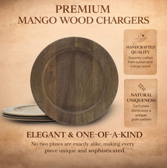 Close up of premium mango wood charger plates in dark tones against a textured beige background